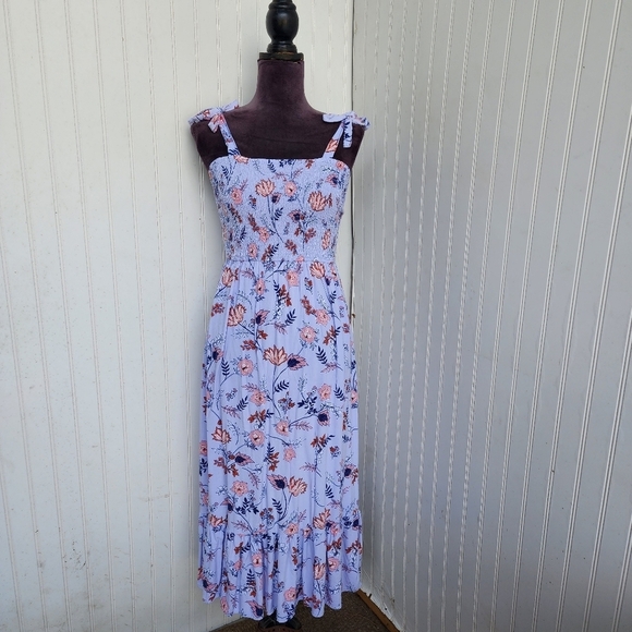 Japna Dresses & Skirts - Japna Dress Womens Lilac Blue Floral Long Maxi Smocked Tie Straps Rayon Sz S